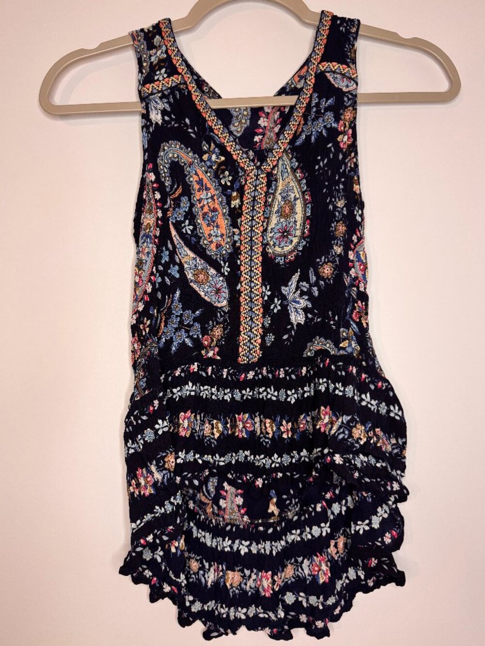 Sky and Sparrow Boho Paisley Embroidered Smocked Tank Top - Navy